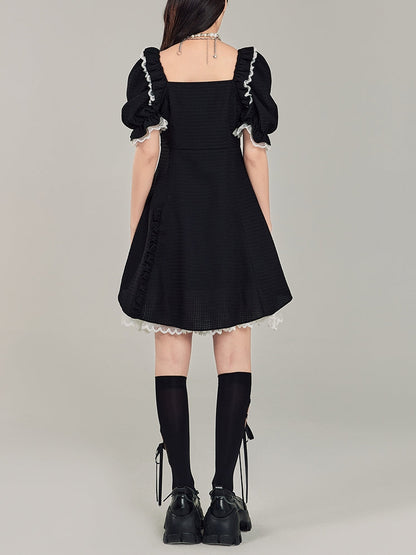 Puff Sleeve Black Square Neck Dress