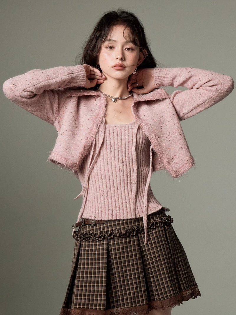 Cropped Knitted Cardigan & Camisole Set With Big Collar