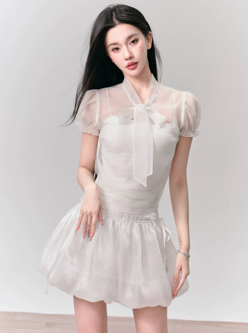 Ethereal White Summer Set: Puff-sleeve Crop Top & Scalloped Tie-side Mini Skirt