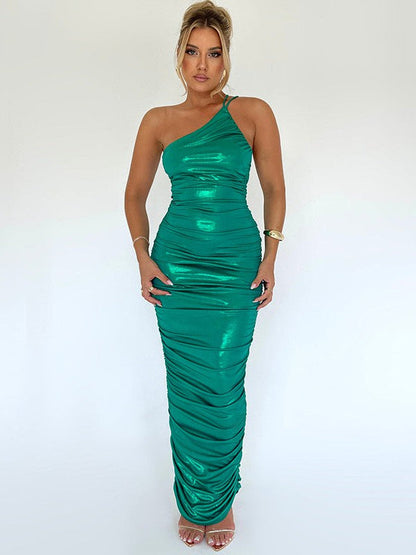 Metallic Coated One Shoulder Sheath Knitted Coated Dress
