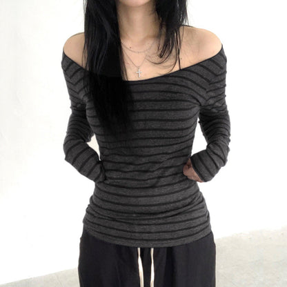 Off Shoulder Striped Lightweight Slim Fit Long Sleeve Blouse Off Shoulder Simple All Match Slim Fit Shirt