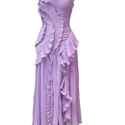 Halter Neck Pleated Maxi Dress High-quality Purple Vacation Dress