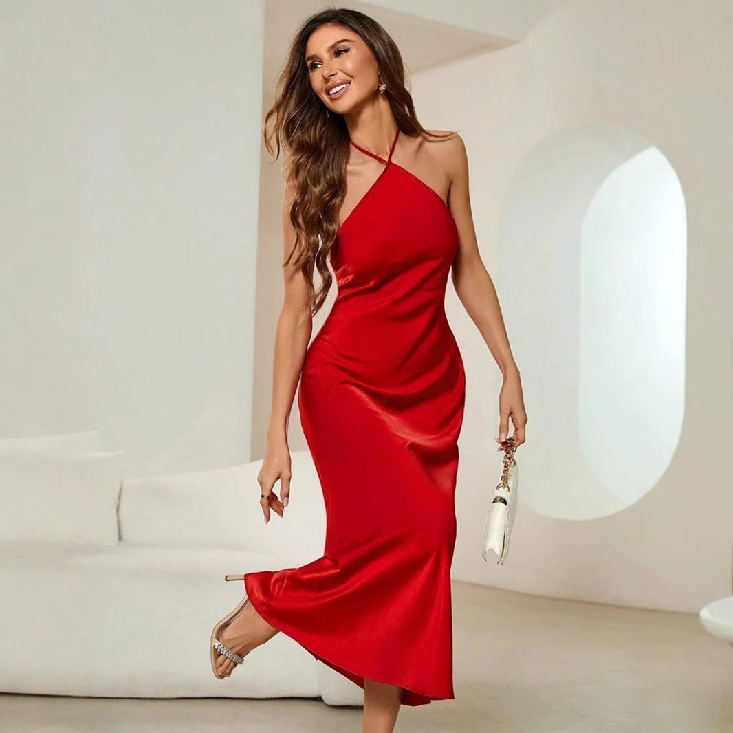 Dress Spring Autumn Evening Dress Satin Strap Maxi Dress