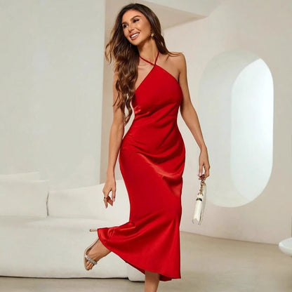 Dress Spring Autumn Evening Dress Satin Strap Maxi Dress