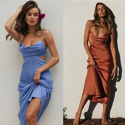 Clothing Sling Color Maxi Dress Pile Collar Backless Dress