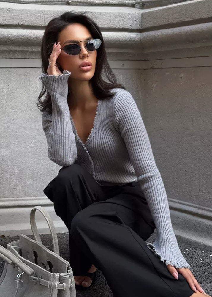 Frayed Ribbed Knit Button-up Cardigan