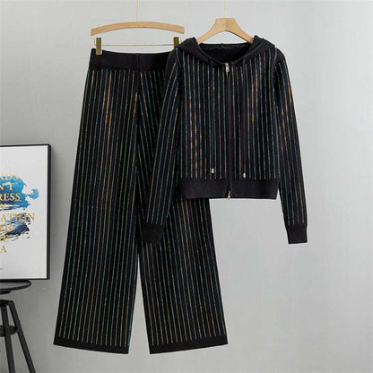 Black - Loose Rhinestone Cardigan Two Piece Set