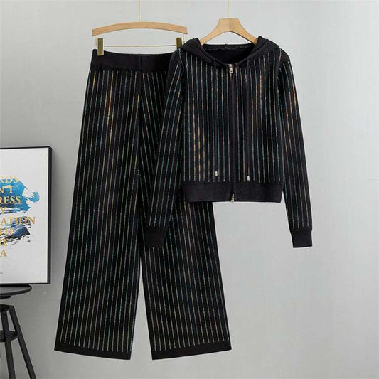 Black - Loose Rhinestone Cardigan Two Piece Set