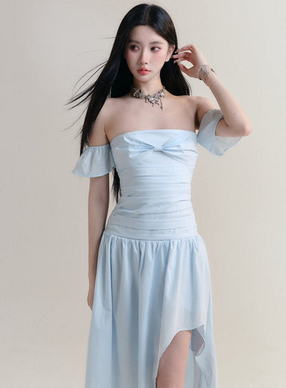 Pale Blue Off-shoulder Ruched Maxi Dress With Asymmetrical Hem