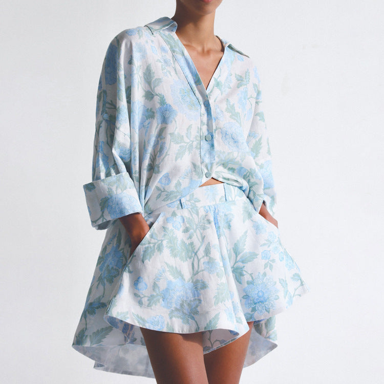 Printing Summer Wear Loose Long Shirt High Waist Shorts With Belt Two Piece Set