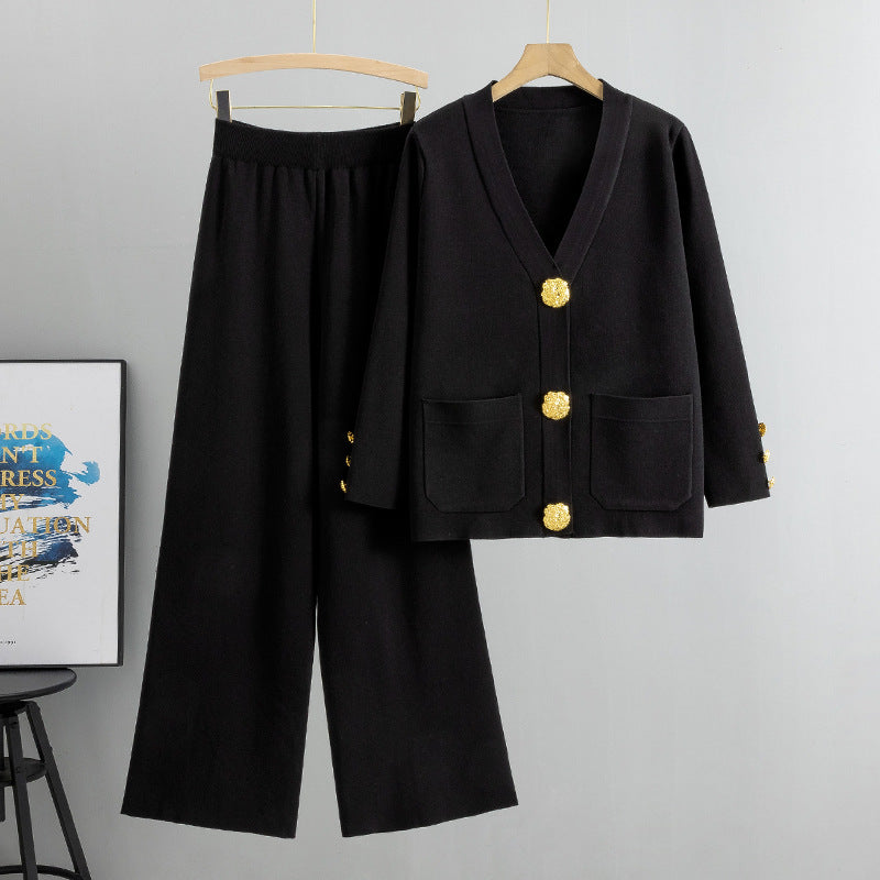 Two Piece Set Autumn Winter Wild Metal Buckle Knitted Cardigan Sweater Wide Leg Pants Set