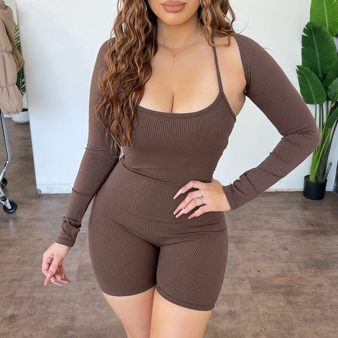 Clothing Goods Color Rib Fabric Shawl Backless Lace Up Jumpsuit Two Piece Set