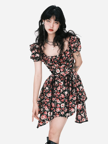 Blossom Noir Puff-sleeve Dress
