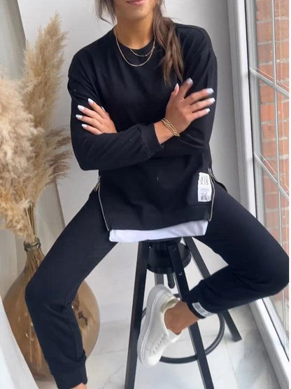 Autumn Stitching False Two Piece Sweaters Sweat Pants Sets