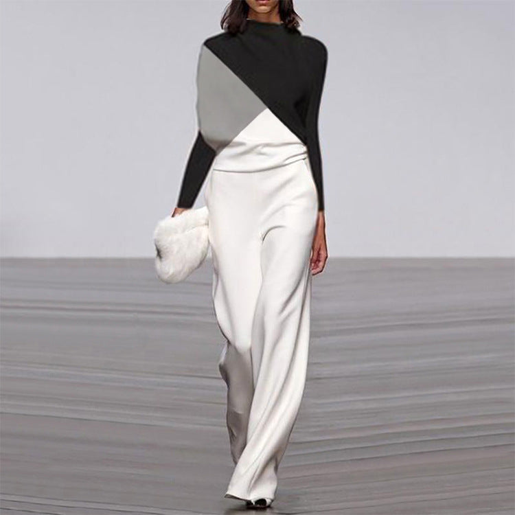New Black White Color Matching Long Sleeve Creative Jumpsuit
