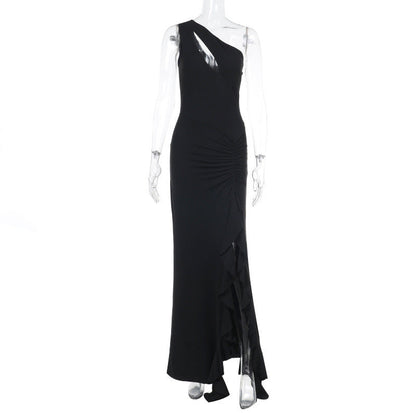 Spring Maxi Dress Slim One Shoulder Frill Ribbon Dress