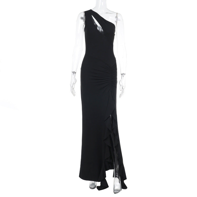 Spring Maxi Dress Slim One Shoulder Frill Ribbon Dress