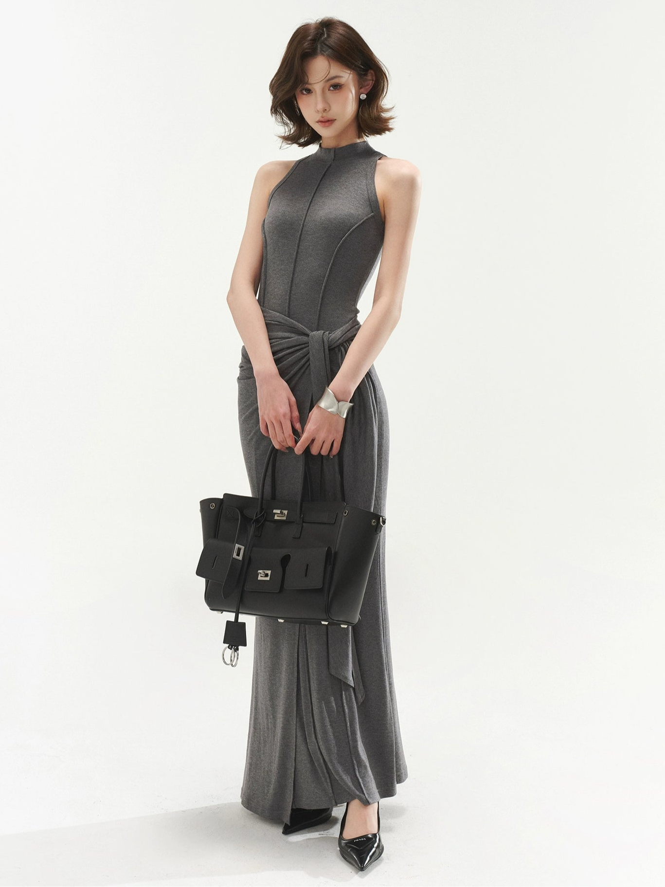 Sleeveless Mock Neck Maxi Dress With Tie Waist