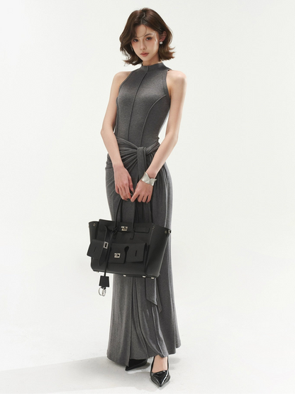 Sleeveless Mock Neck Maxi Dress With Tie Waist