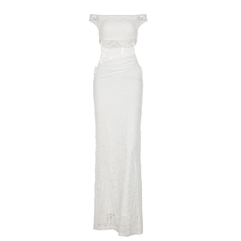 Hollow Out Cutout Slim Fit Hip Lace Maxi Dress See Through Off Shoulder Dress