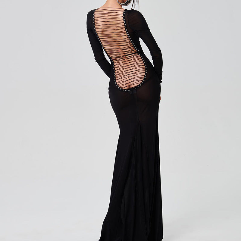 Autumn Clothing Mesh Backless Lace Up Long Sleeve Super Maxi Dress for