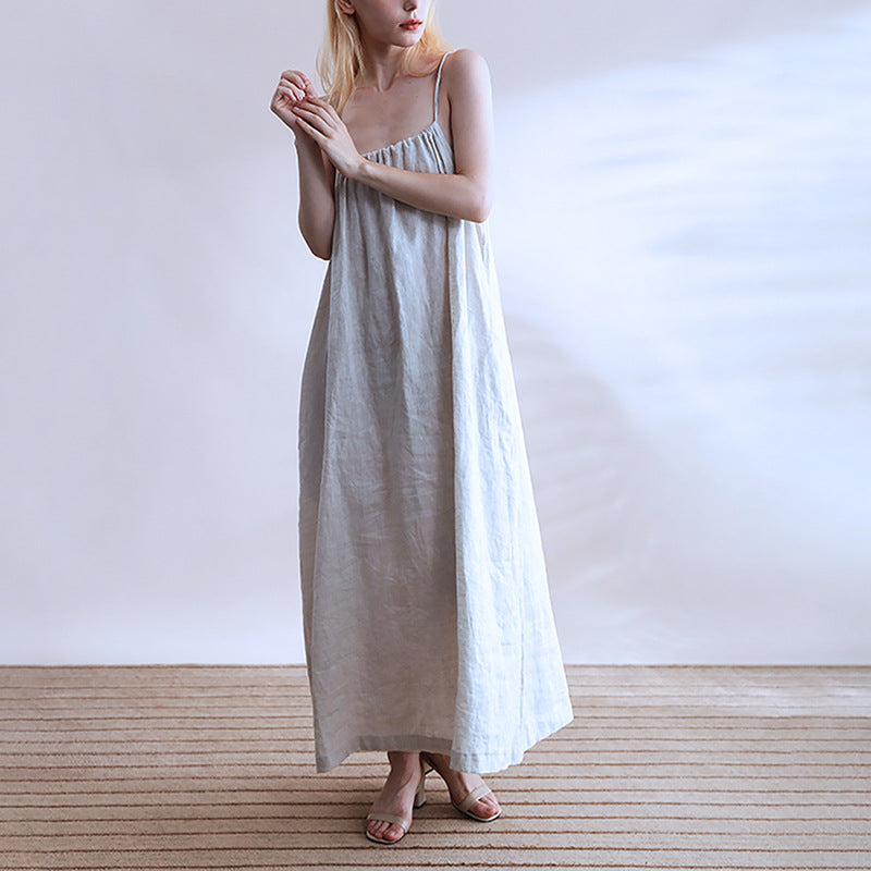 Summer Linen Cami Dress Halter Strap Reverse Cotton Linen Niche Design Maxi Dress Clothing