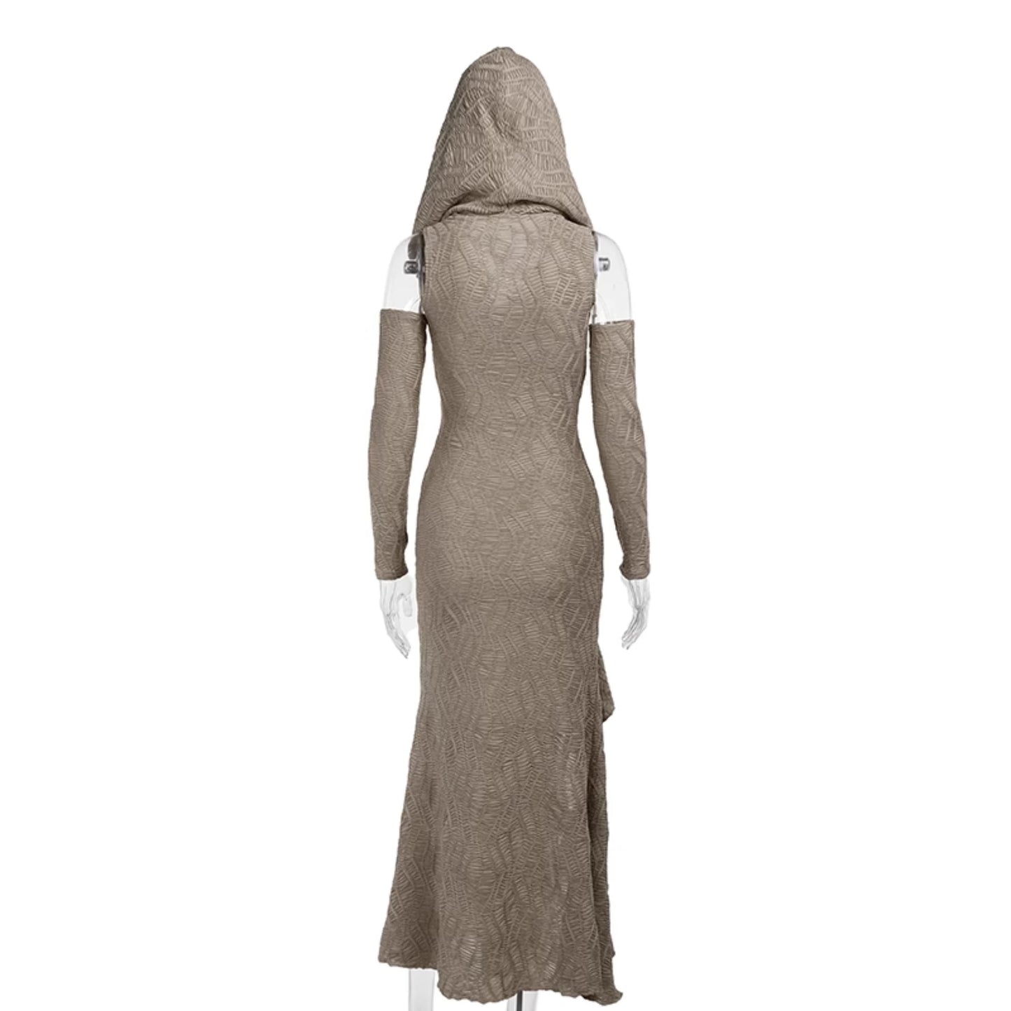 Wannathis Avant-garde Hooded Maxi Dress - Taupe Cold Shoulder Gown With Ruffle Detail