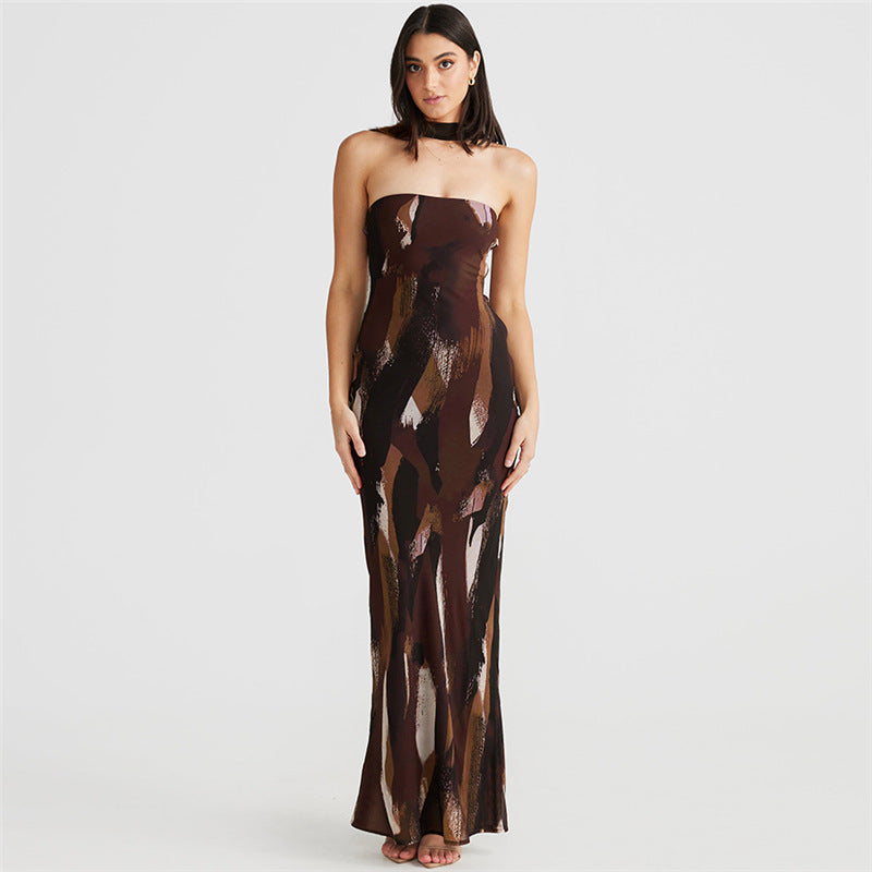 Spring Tube Top Bare Back Dress Printed Figure Slim Fit Maxi Dress