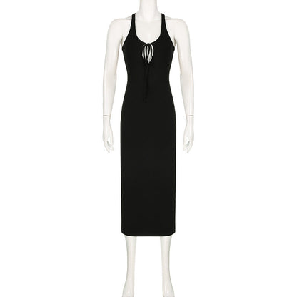 Basic Clothing Color Low Neck Hollow Out Cutout Out Tied Sports Vest Maxi Dress Summer Street Dress