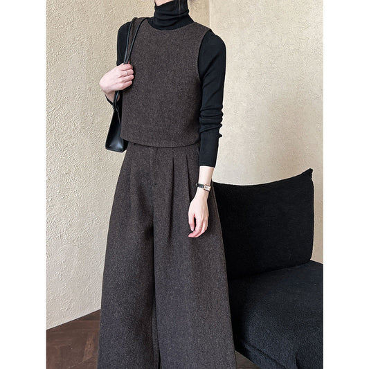 Two Way Vest Wide Leg Pants Autumn Winter Woolen Two Piece Sets