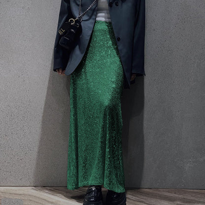 Spring Autumn Popular Long Sleeve Blouse Long Skirt Sequined Set