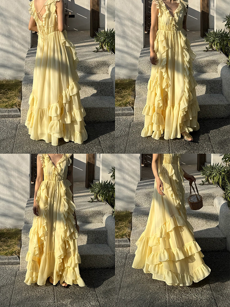 Sunset Ruffle Asymmetrical Maxi Dress Romantic Flowy Vacation Look Gunne Sax Dress