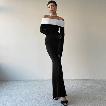 Clothing Autumn Winter Contrast Color Off Shoulder Long Sleeve Waist Slimming Maxi Dress