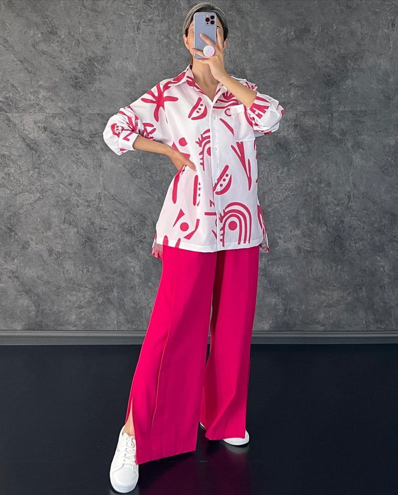 Clothing Long Sleeve Printed Shirt High Waist Slit Wide Leg Pants Set Amplified Craft