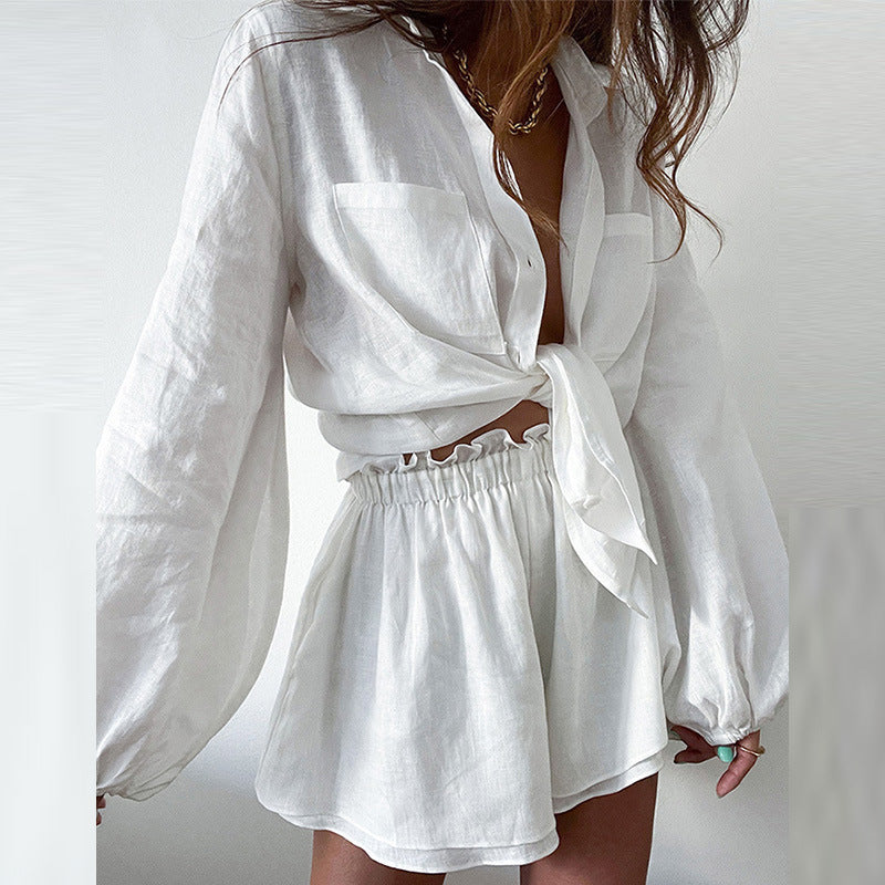 Summer Color Ruffles Shorts Long Sleeve Set