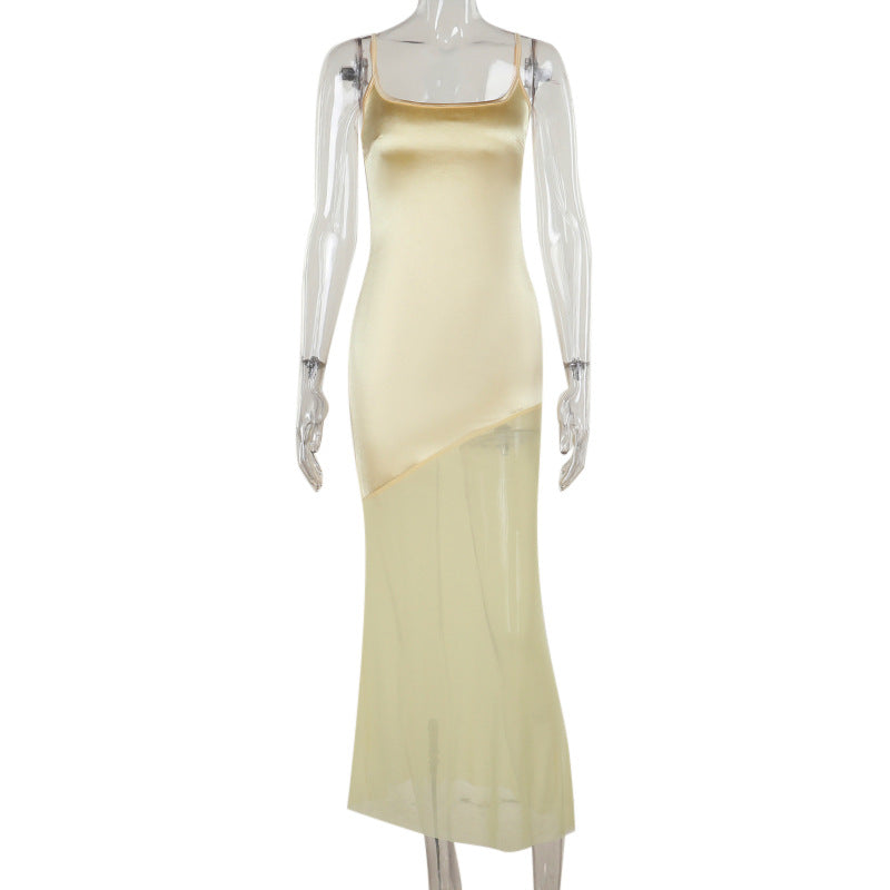 Fall Maxi Dress Classic Slim Satin Stitching Mesh Spaghetti Strap Dress