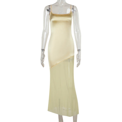 Fall Maxi Dress Classic Slim Satin Stitching Mesh Spaghetti Strap Dress