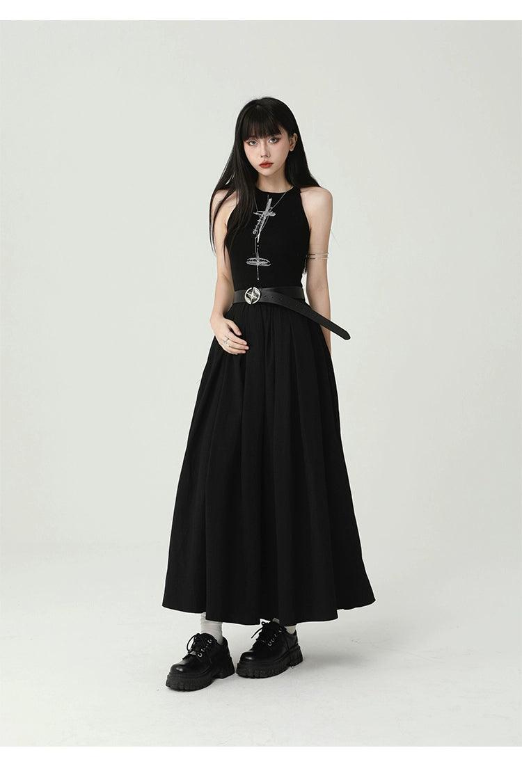 Ladyghost Gothic Sleeveless Maxi Dress - Black A-line Gown With Cross Pendant and Pentagram Belt