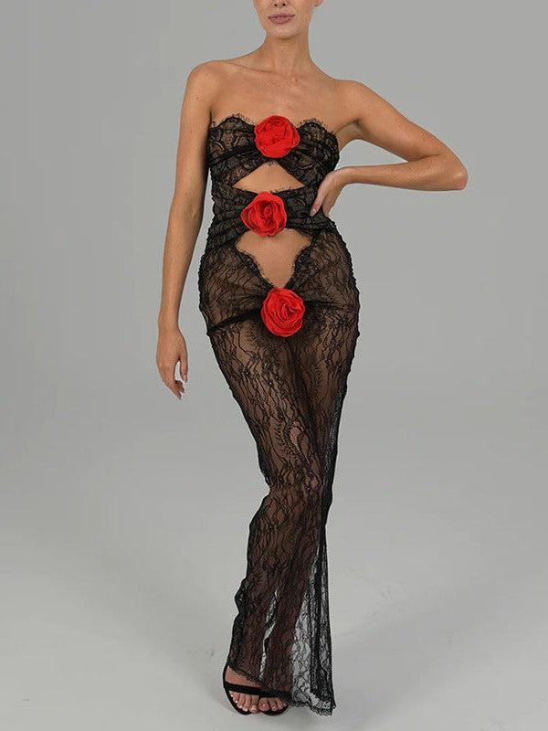 Lace Rose Tube Cutout See Through Maxi Dress
