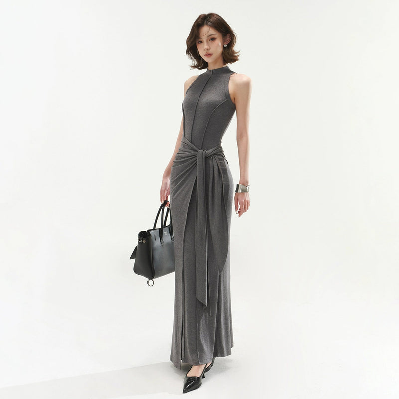 Sleeveless Mock Neck Maxi Dress With Tie Waist