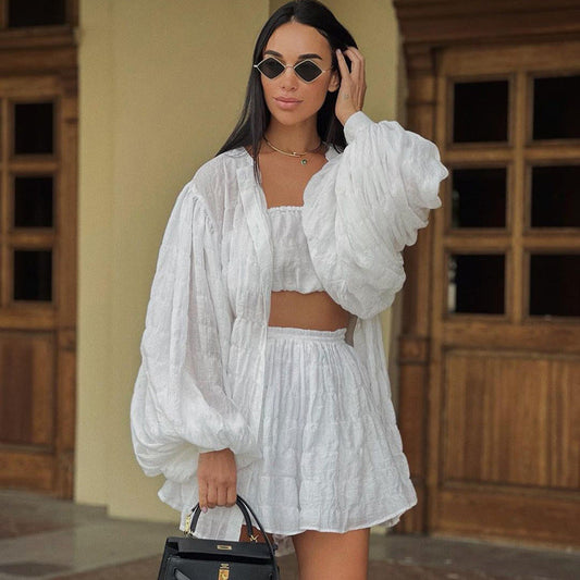 Clothing Summer Long Sleeved White Shirt Loose Outfit Tube Top High Waist Shorts Three Piece Set
