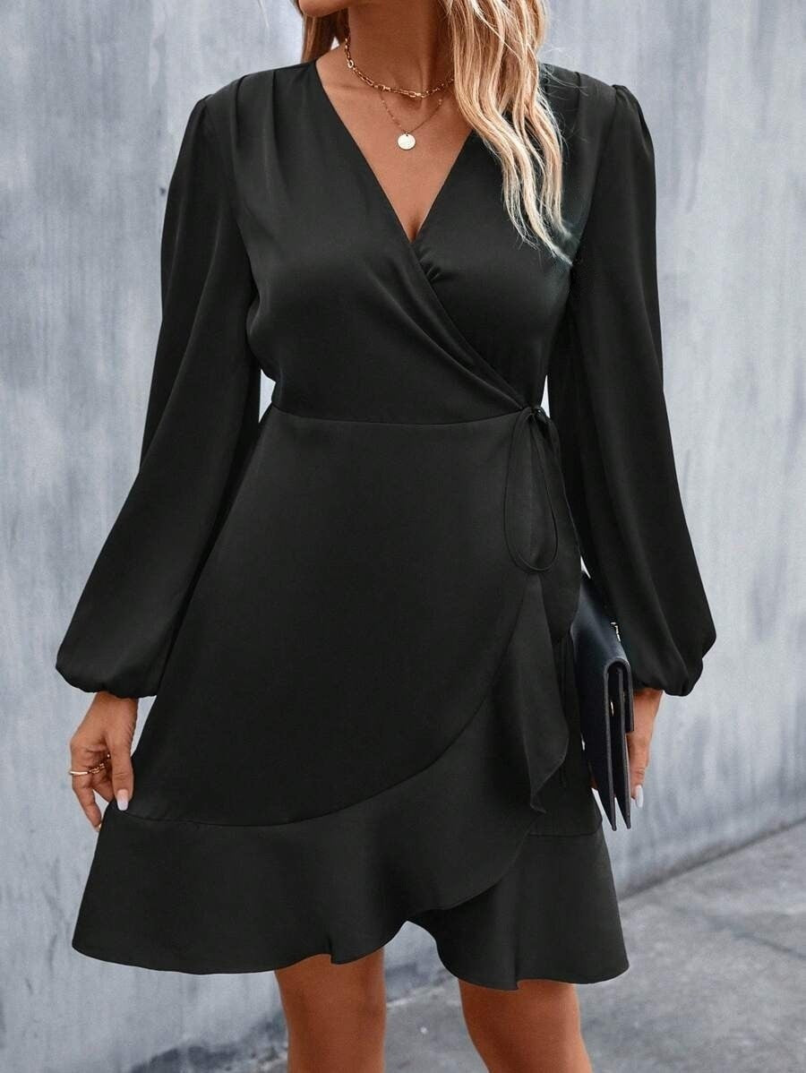 V Neck Dress Satin Waist Tight Low Cut Midi Dress Sweet Clothing