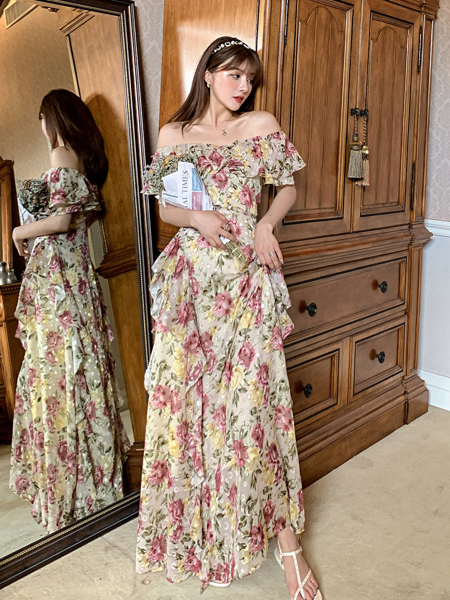 French Court-style Maxi Dress Ruffled Off-shoulder Chiffon Dream Gunne Sax Dress