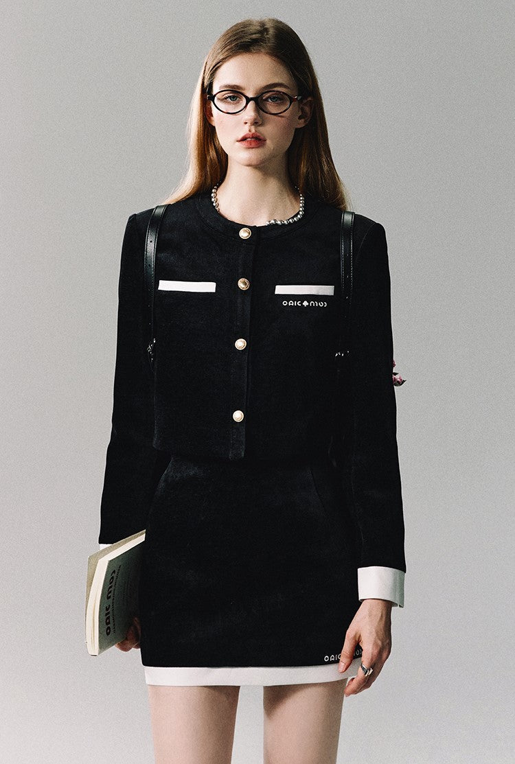 Black Velvet Contrast Trim Suit Top/skirt
