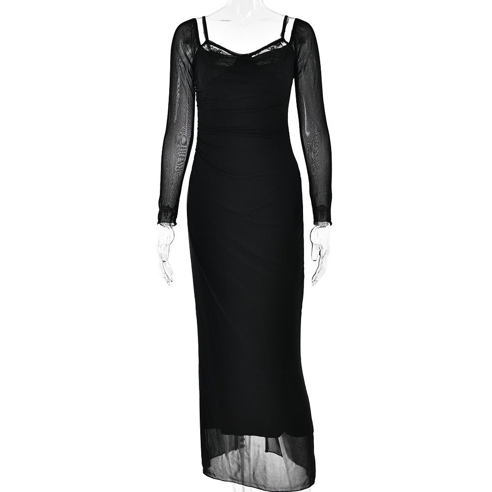 Autumn Long Sleeve Spaghetti Strap Dress Backless Tight Split Maxi Dress