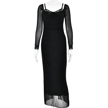 Autumn Long Sleeve Spaghetti Strap Dress Backless Tight Split Maxi Dress
