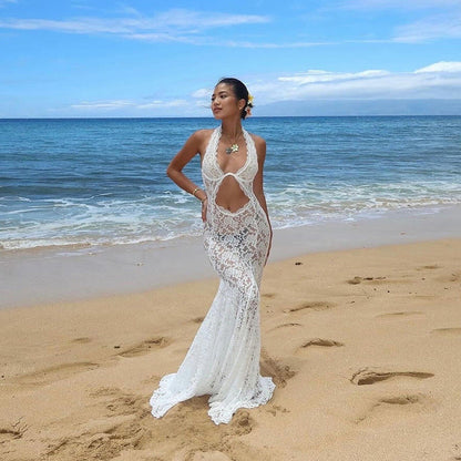 Summer Lace Hollow Out Cutout Out Halter Maxi Dress Backless Color Dress