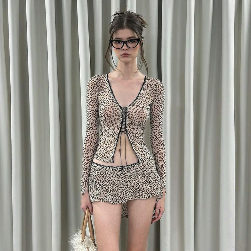 Summer Leopard Print Printed V Neck Cardigan Strap Long Sleeved T Shirt Miniskirt Set