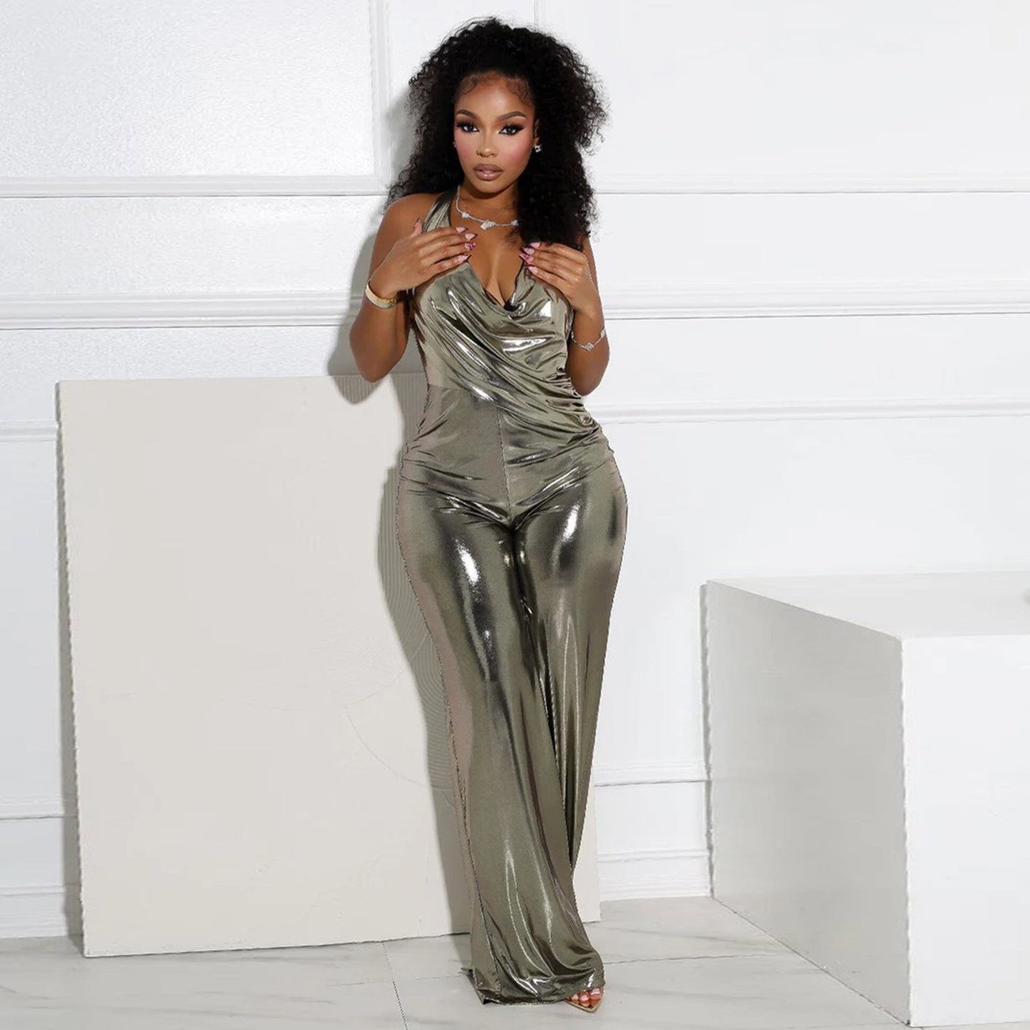 Clothing Swing Collar Halter Backless Wide Leg Jumpsuit
