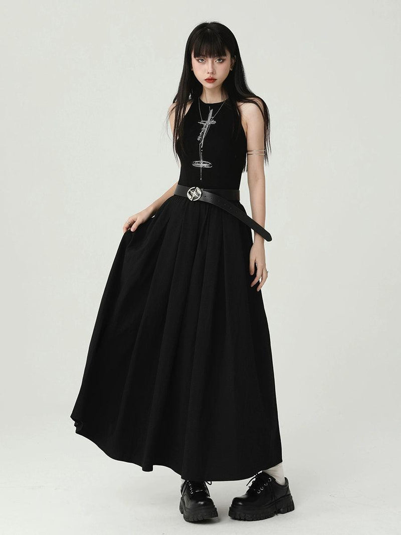 Ladyghost Gothic Sleeveless Maxi Dress - Black A-line Gown With Cross Pendant and Pentagram Belt